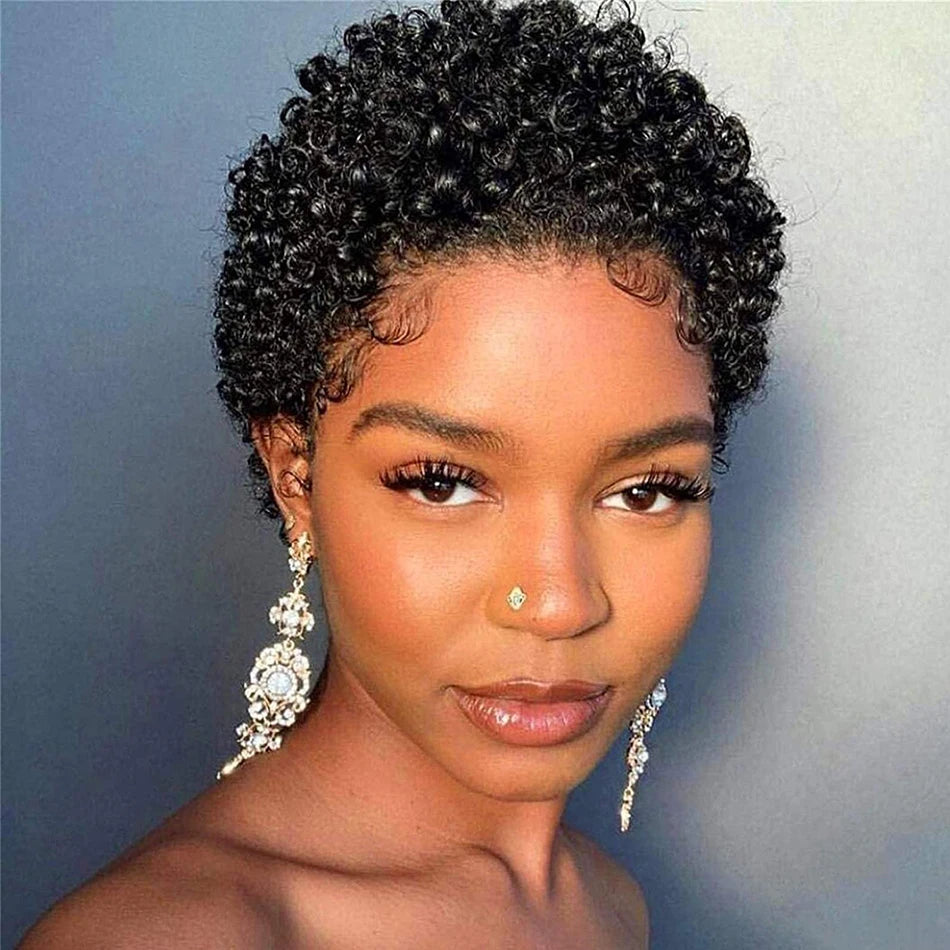 Short Afro Kinky Curly Pixie Cut Wigs for Women Human Hair Malaysian Remy 180% Density Human Hair Wigs Machine Made Wig