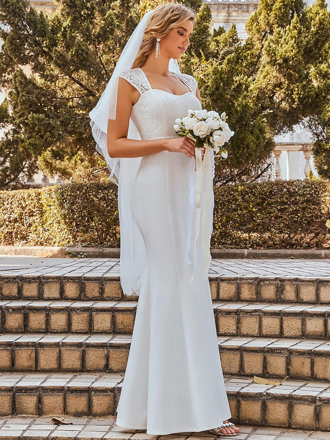 Ever-Pretty Women'S Elegant Lace Cap Sleeve V Neck Beading Mermaid Wedding Dresses for Bride 00218