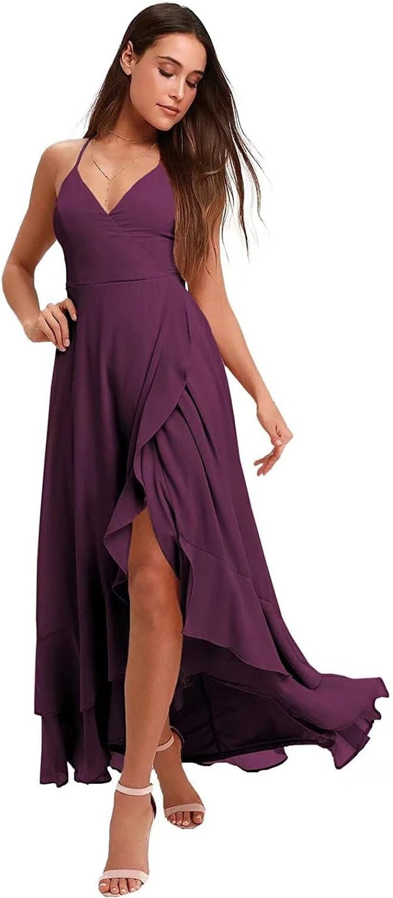 Spaghetti Strap Chiffon Bridesmaid Dresses Long for Women V Neck Slit High Low Formal Maxi Gown