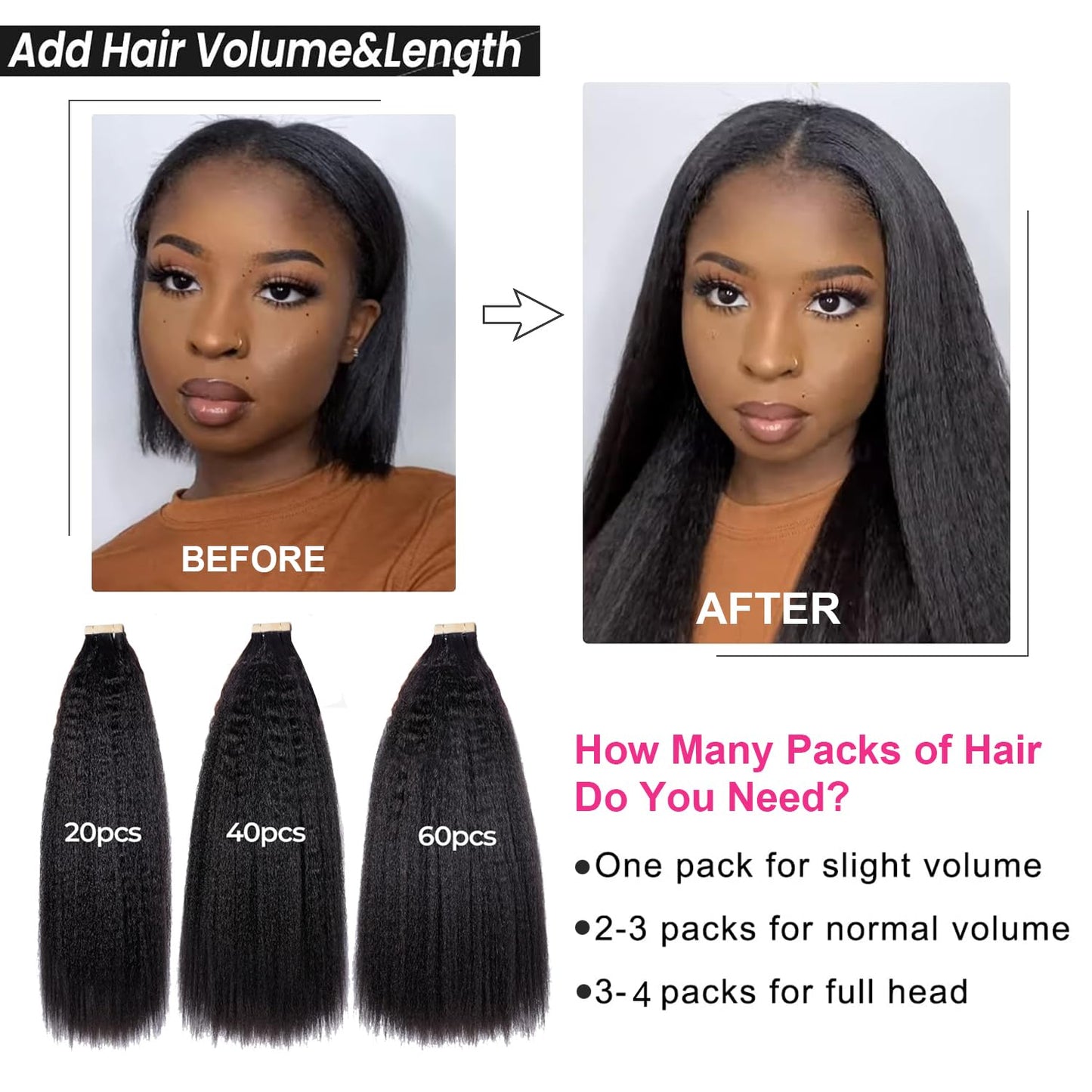 60PCS Tape in Hair Extensions Real Human Hair Kinky Straight Tape in Extensions Invisible Seamless Skin Weft Yaki Straight Human Hair Tape Ins for Black Women 12 Inch