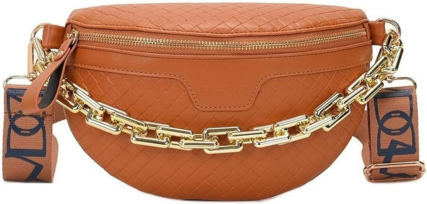 Thick Chain Women'S Fanny Pack Plaid Leather Waist Bag Shoulder Crossbody Chest Bags Luxury Designer Handbags Female Belt Bag (Black)