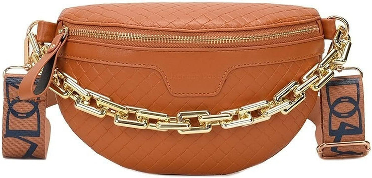 Thick Chain Women'S Fanny Pack Plaid Leather Waist Bag Shoulder Crossbody Chest Bags Luxury Designer Handbags Female Belt Bag (Black)