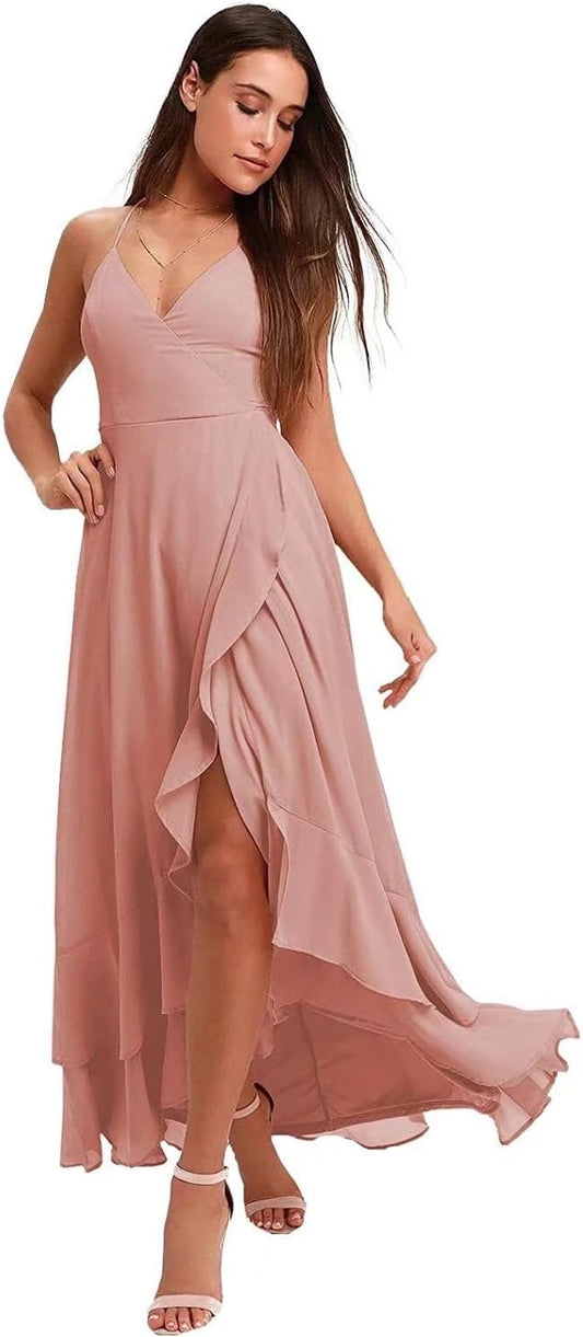 Spaghetti Strap Chiffon Bridesmaid Dresses Long for Women V Neck Slit High Low Formal Maxi Gown