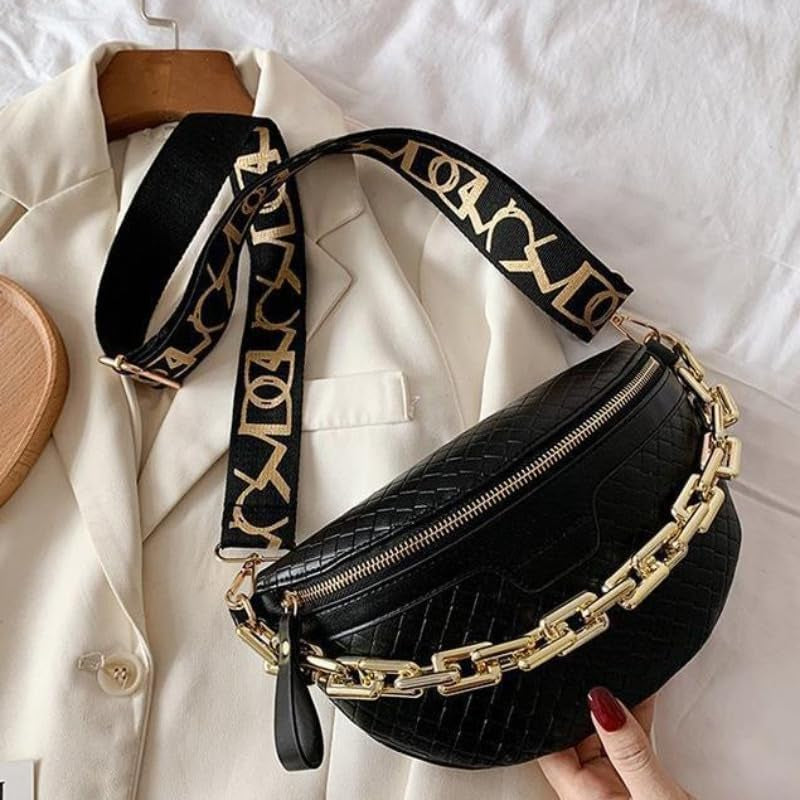 Thick Chain Women'S Fanny Pack Plaid Leather Waist Bag Shoulder Crossbody Chest Bags Luxury Designer Handbags Female Belt Bag (Black)