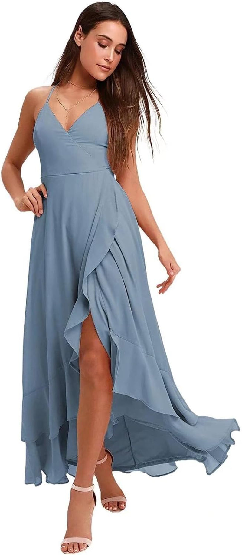 Spaghetti Strap Chiffon Bridesmaid Dresses Long for Women V Neck Slit High Low Formal Maxi Gown