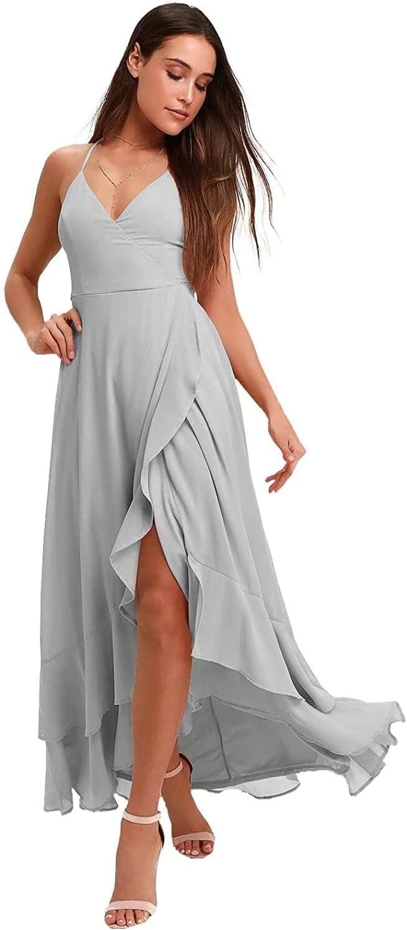Spaghetti Strap Chiffon Bridesmaid Dresses Long for Women V Neck Slit High Low Formal Maxi Gown