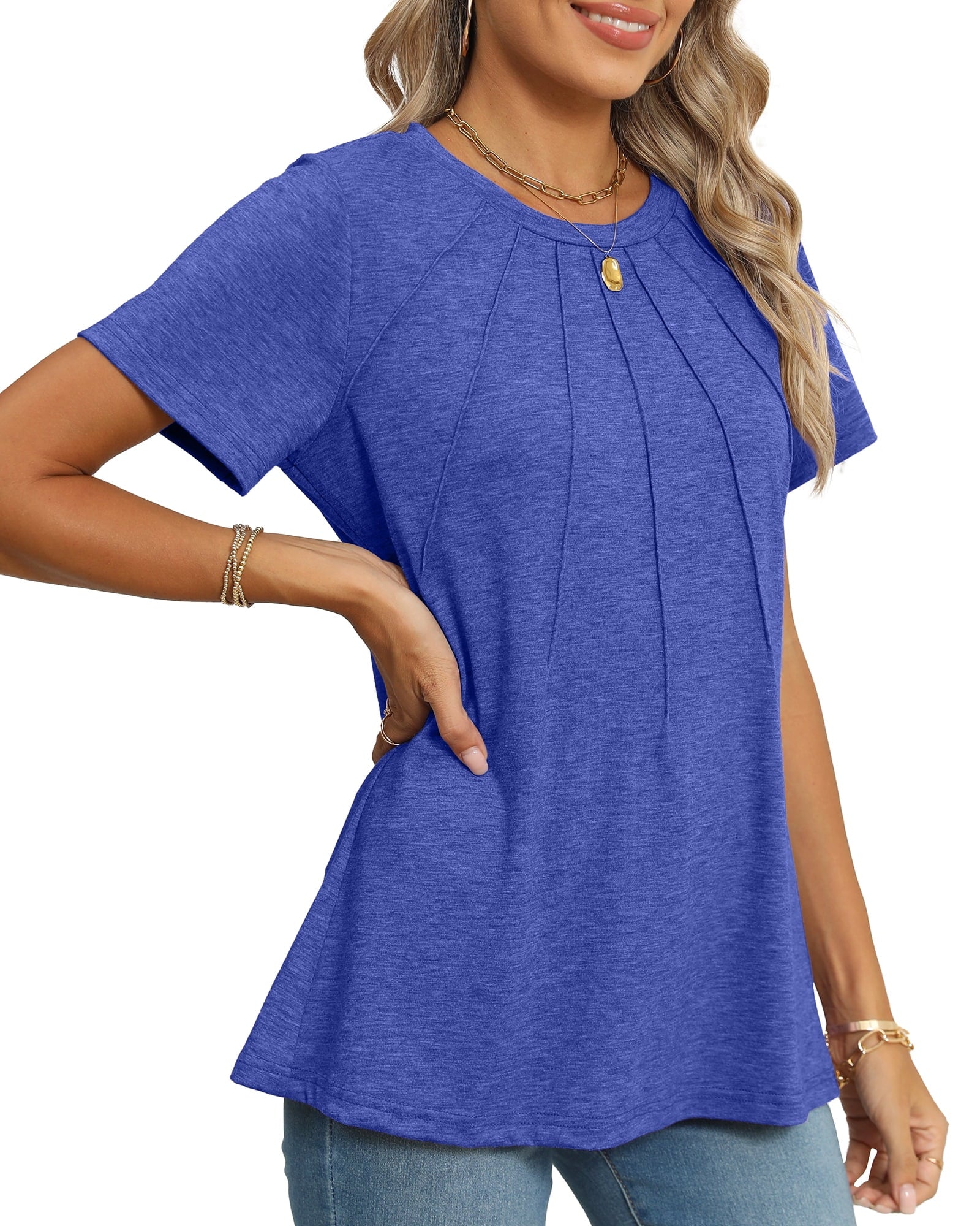 Blouses for Women Short Sleeve Shirts Casual Dressy Summer Tops with Pleats