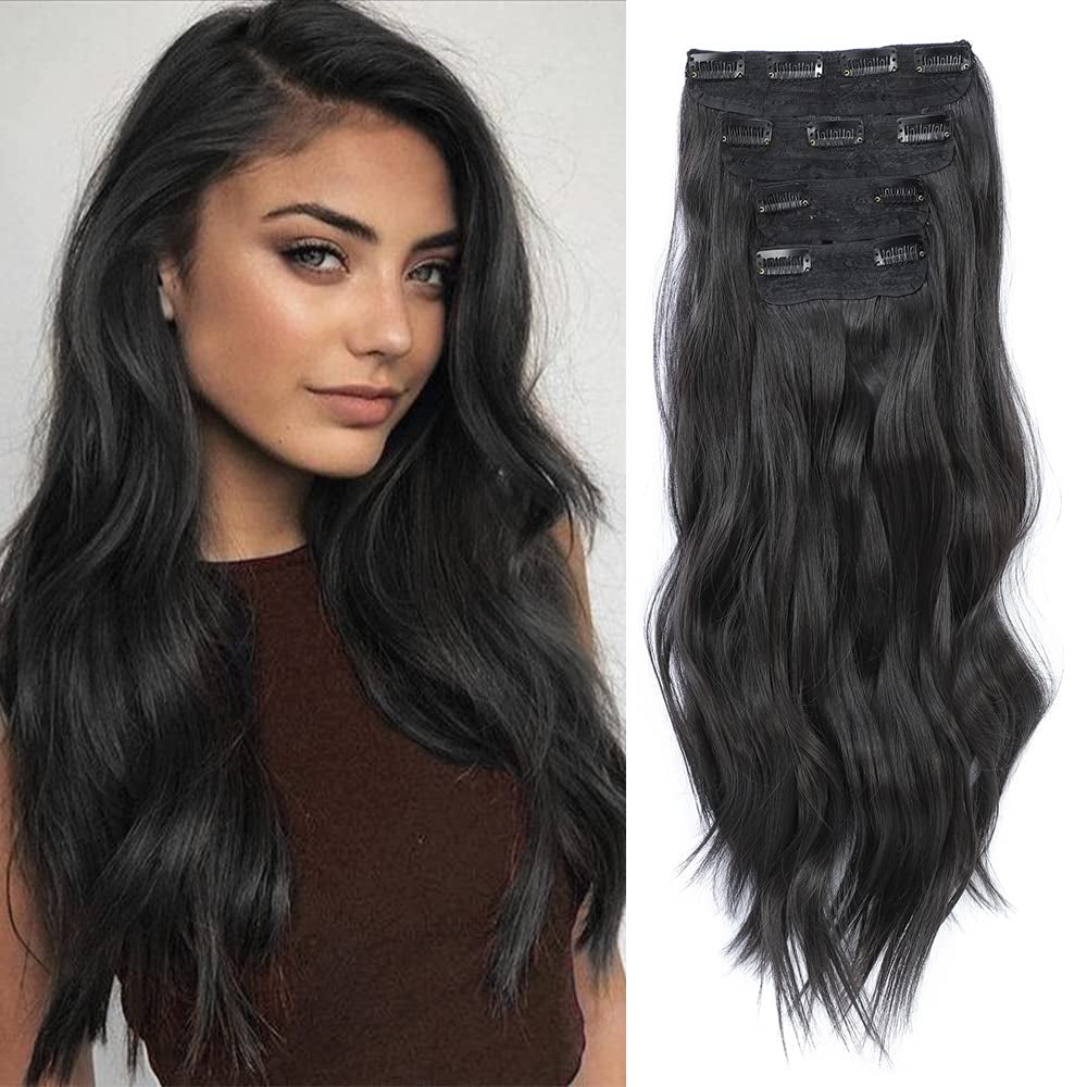 4PCS Clip in Hair Extensions 20Inch Black Hair Extensions Long Wavy Hair Extensions Clip Ins Synthetic Thick Hair Piece for Women(Black)