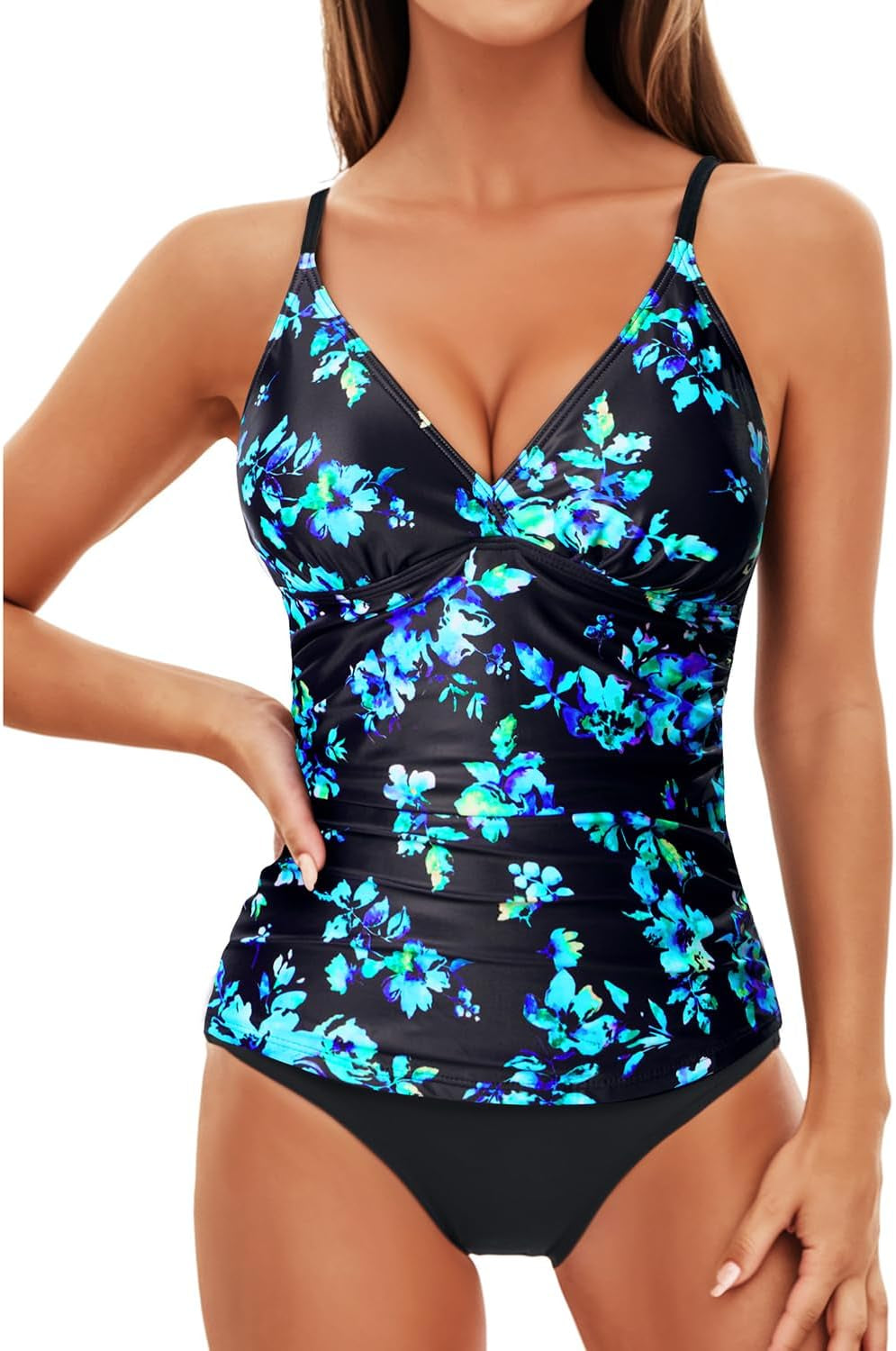 Holipick Tummy Control Two Piece Tankini Set Swimsuits for Women V Neck Tankini Top Bathing Suits with Swim Bottom