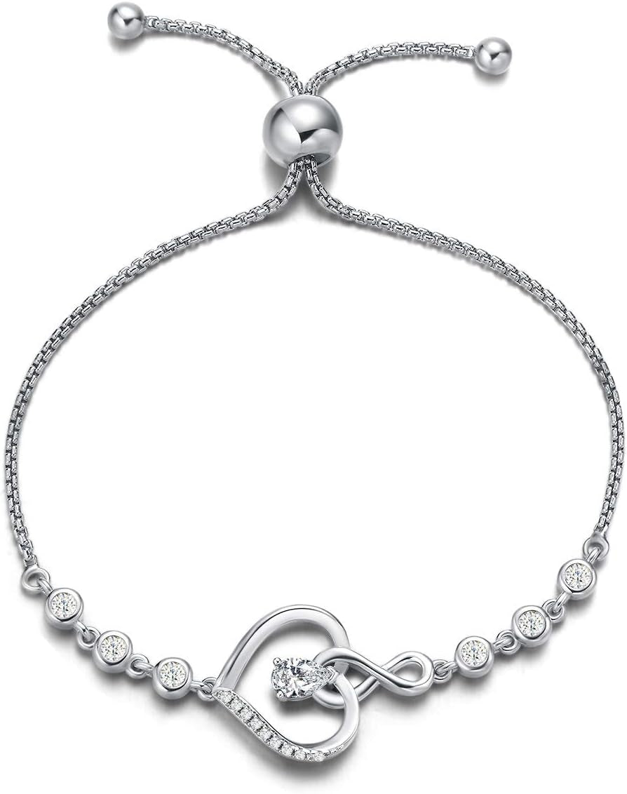 AGVANA Heart Birthstone Bracelets for Women Sterling Silver Genuine or Created Gemstone Tennis Bracelet Infinity Love Jewelry Anniversary Birthday Gifts for Wife Mom Women