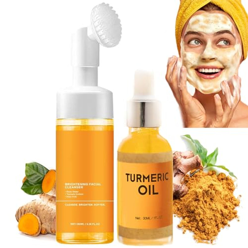 Turmeric Face Wash & Brush Combo - Deep Cleansing Foaming Cleanser & Serum for All Skin Types, Exfoliating & Moisturizing for Radiant Skin