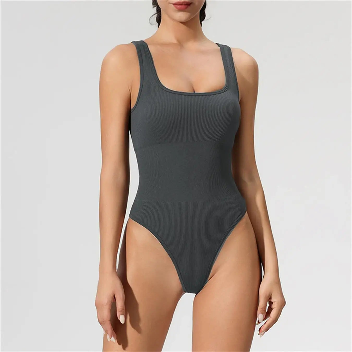 Women'S Solid Backless Sports Bodysuit, Sporty Casual Sleeveless Square Neck Bodysuit for Yoga Gym Workout, Ladies Sportswear