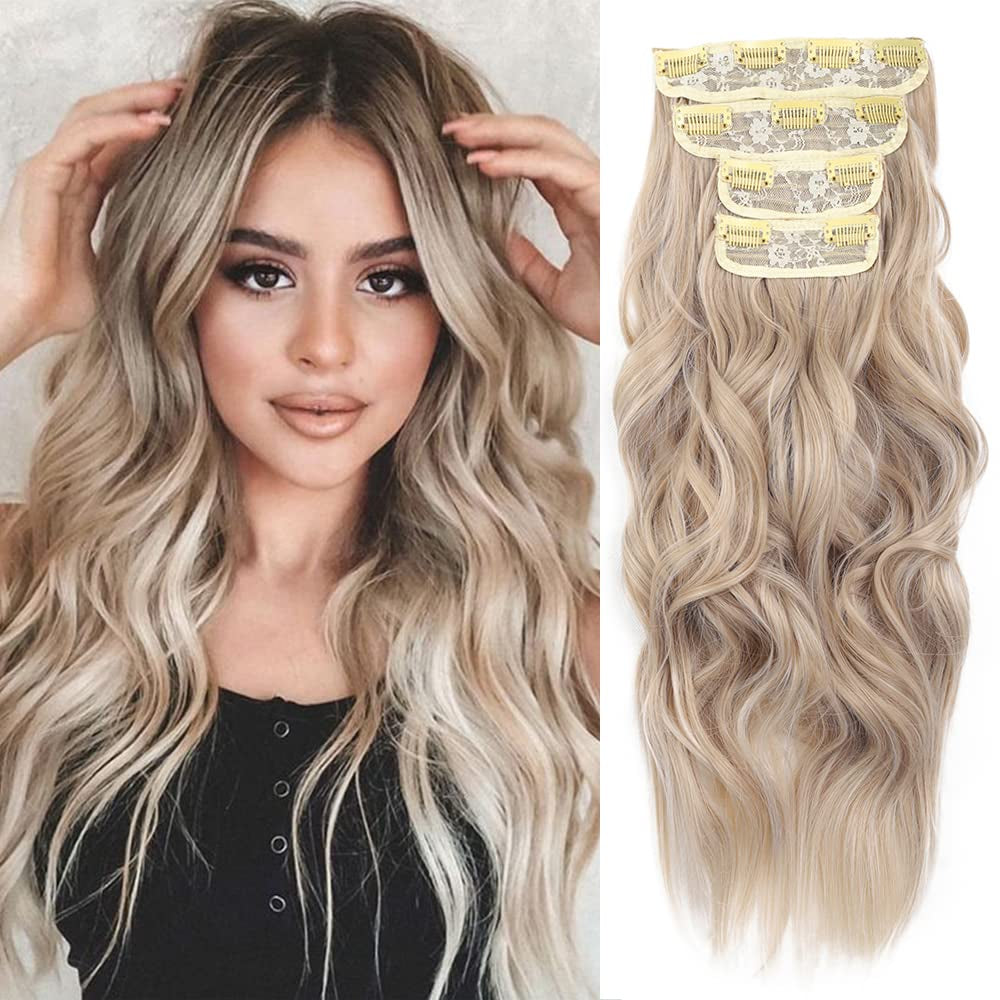 4PCS Clip in Hair Extensions 20Inch Black Hair Extensions Long Wavy Hair Extensions Clip Ins Synthetic Thick Hair Piece for Women(Black)