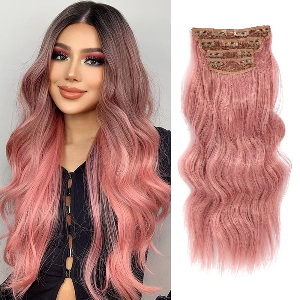 4PCS Clip in Hair Extensions 20Inch Black Hair Extensions Long Wavy Hair Extensions Clip Ins Synthetic Thick Hair Piece for Women(Black)
