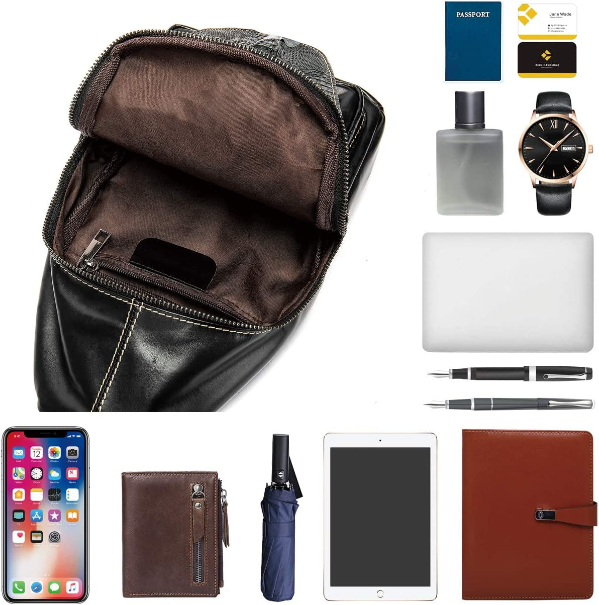 NIUCUNZH Handmade Genuine Leather Crossbody Sling Bag Crocodile Embossing Chest Bag Waterproof Shoulder Bag