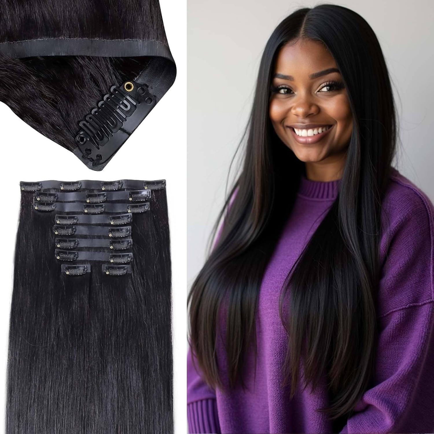 Seamless Clip in Hair Extensions - Human Hair Kinky Curly, 14 Inch 110G Natural Black, Ultra-Thin 0.8Mm PU Weft Real Human Hair Clip Ins