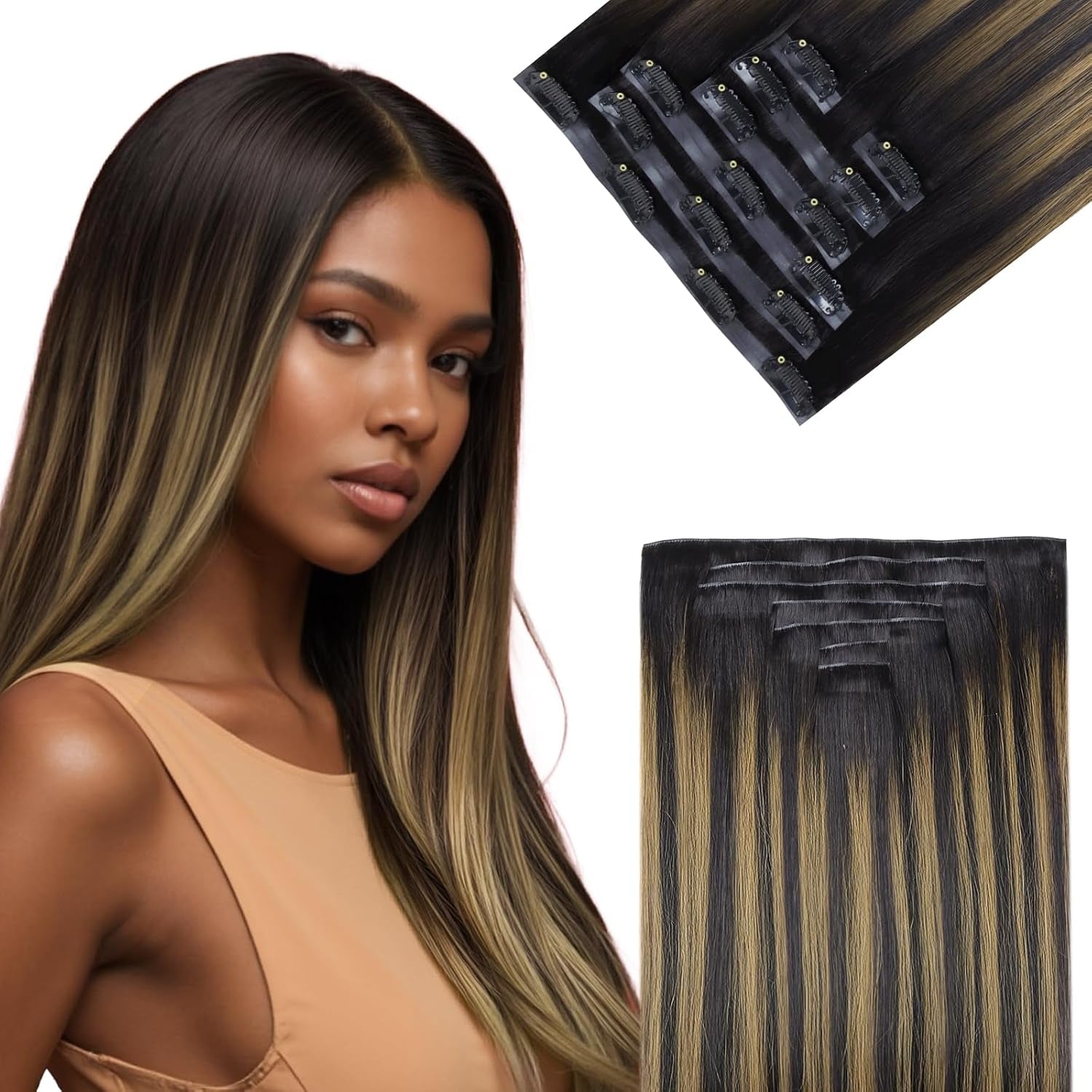Seamless Clip in Hair Extensions - Human Hair Kinky Curly, 14 Inch 110G Natural Black, Ultra-Thin 0.8Mm PU Weft Real Human Hair Clip Ins