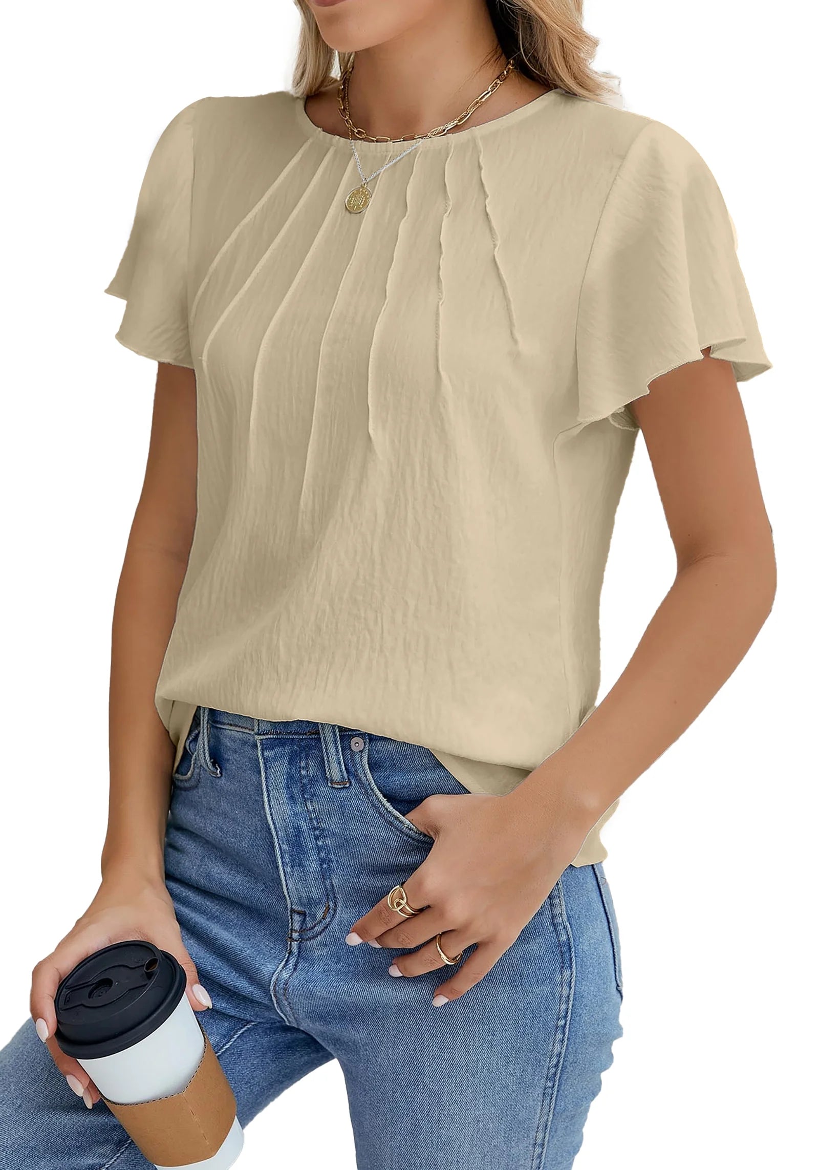 Pleated  Tops Business Work Shirts Ruffle Sleeve Crew Neck Summer Outfits