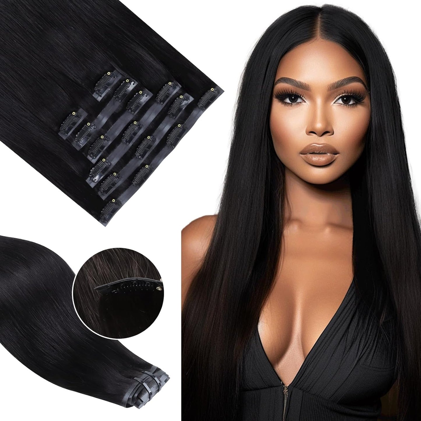 Seamless Clip in Hair Extensions - Human Hair Kinky Curly, 14 Inch 110G Natural Black, Ultra-Thin 0.8Mm PU Weft Real Human Hair Clip Ins
