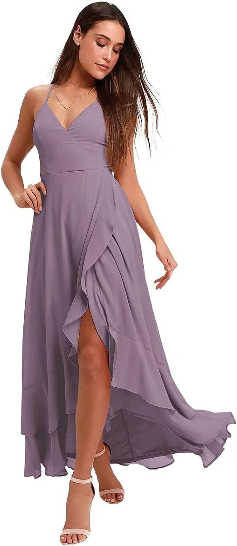 Spaghetti Strap Chiffon Bridesmaid Dresses Long for Women V Neck Slit High Low Formal Maxi Gown