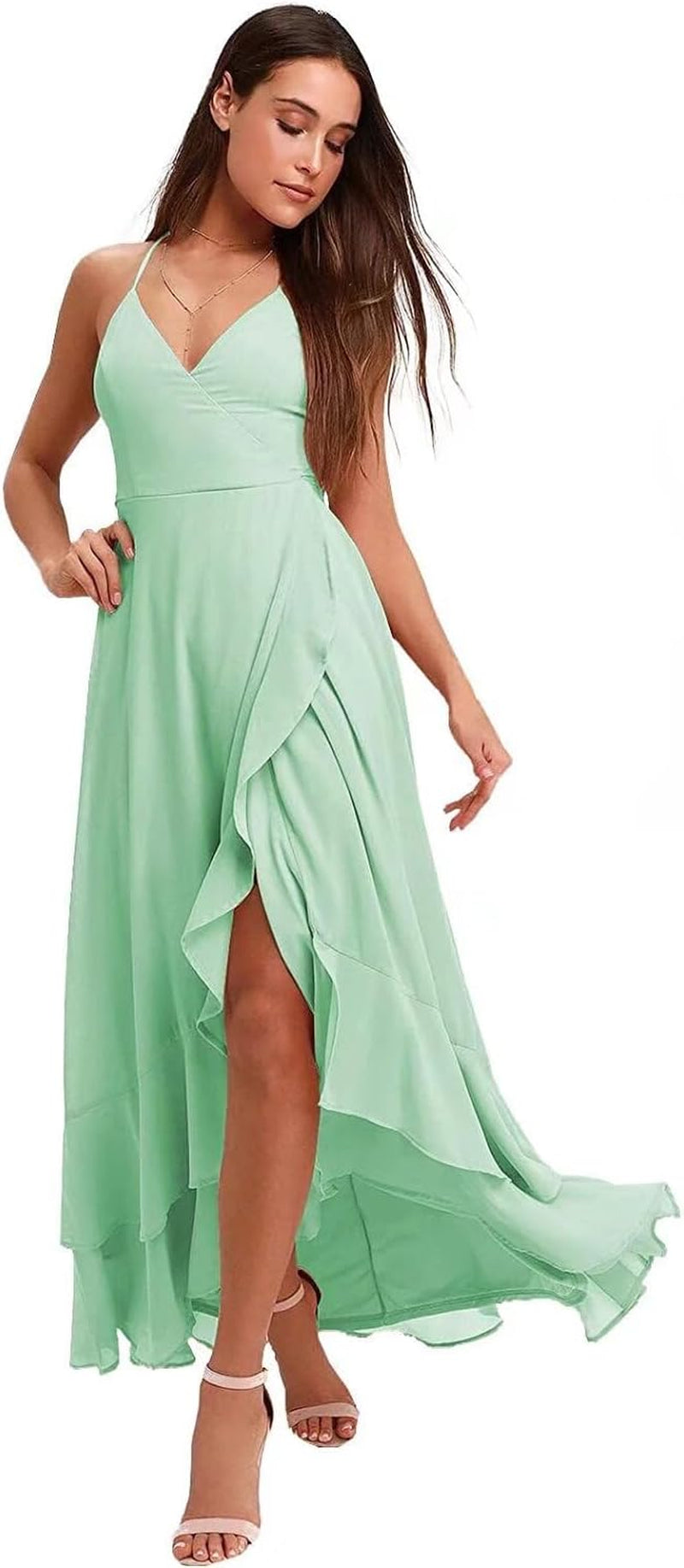 Spaghetti Strap Chiffon Bridesmaid Dresses Long for Women V Neck Slit High Low Formal Maxi Gown