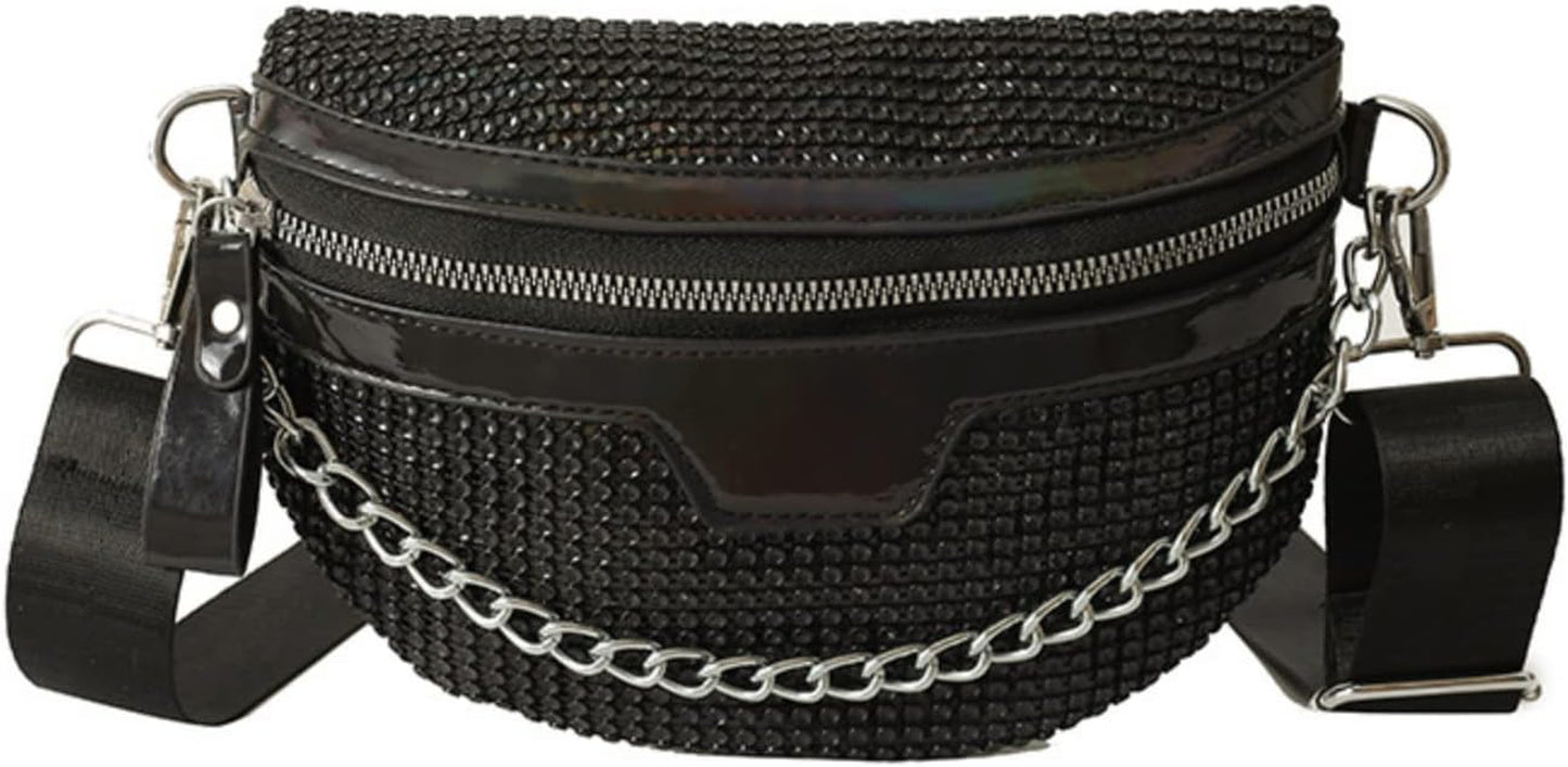 Thick Chain Women'S Fanny Pack Plaid Leather Waist Bag Shoulder Crossbody Chest Bags Luxury Designer Handbags Female Belt Bag (Black)