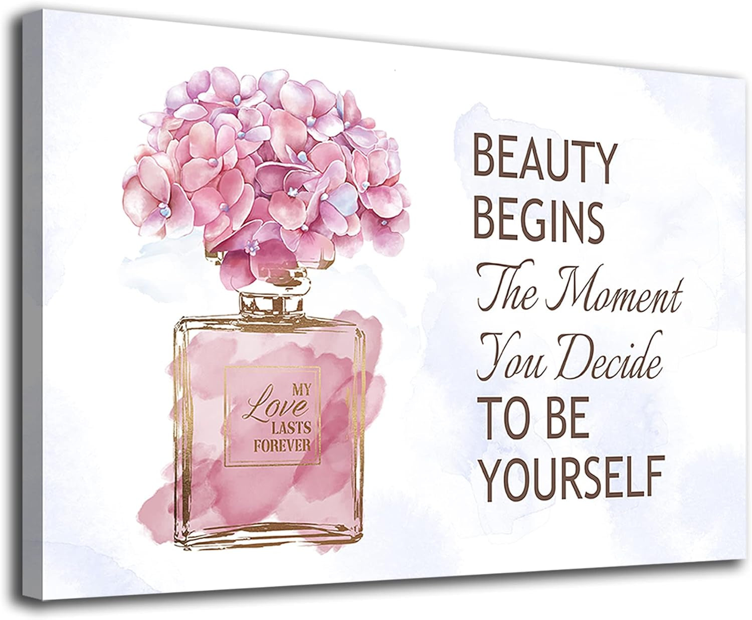 Elegant Gold Bottle & Pink Flower Canvas Wall Art - Inspirational Quotes for Bathroom, Bedroom & Powder Room - 16" x 12