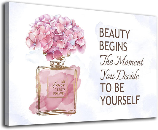 Elegant Gold Bottle & Pink Flower Canvas Wall Art - Inspirational Quotes for Bathroom, Bedroom & Powder Room - 16" x 12