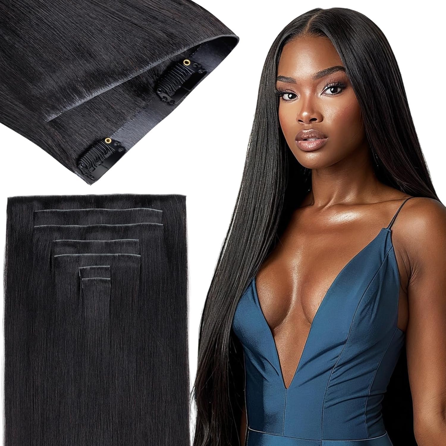 Seamless Clip in Hair Extensions - Human Hair Kinky Curly, 14 Inch 110G Natural Black, Ultra-Thin 0.8Mm PU Weft Real Human Hair Clip Ins