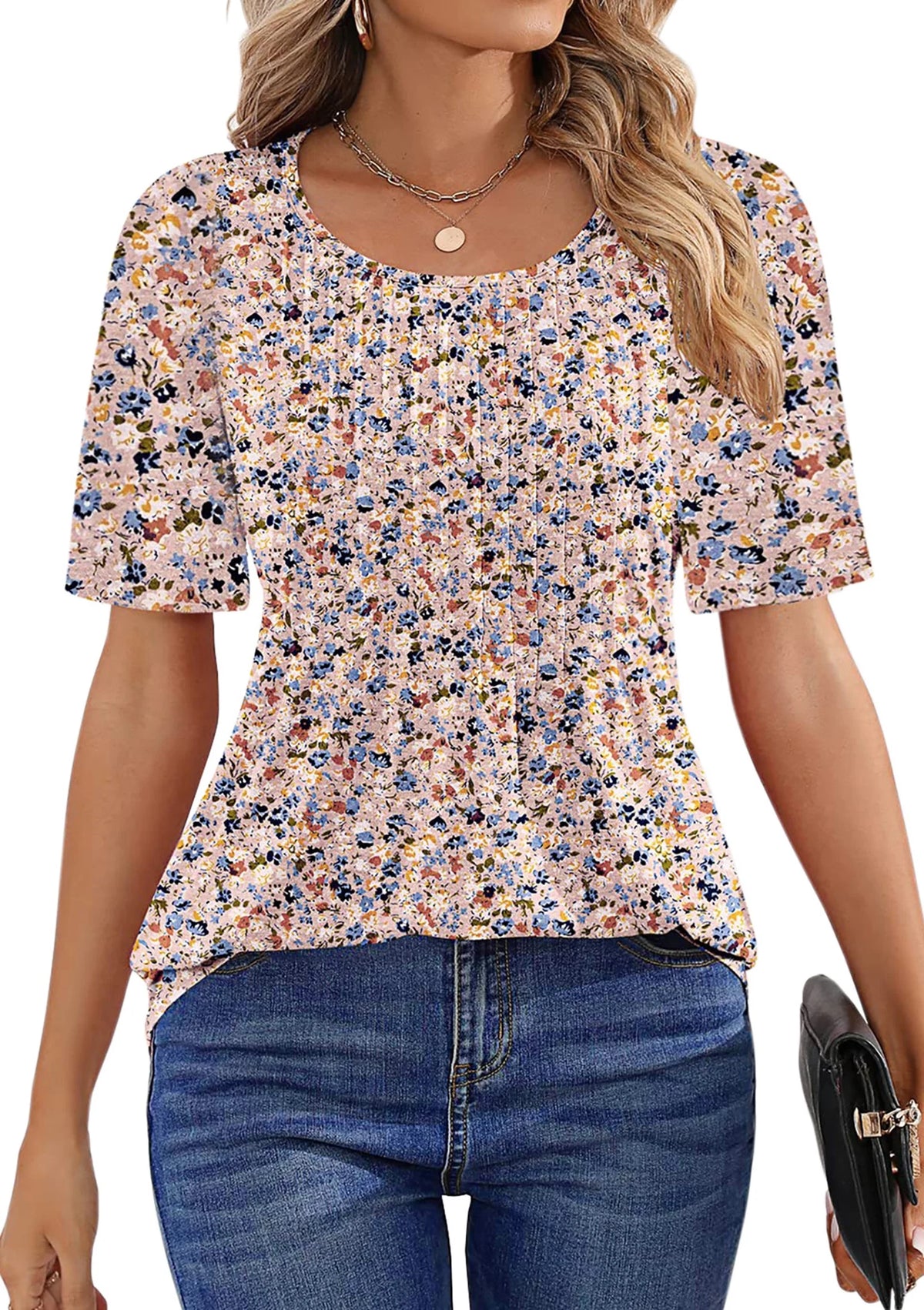 Blouses for Women Pleated Short Sleeve Tunic Tops Dressy Casual Summer Shirts