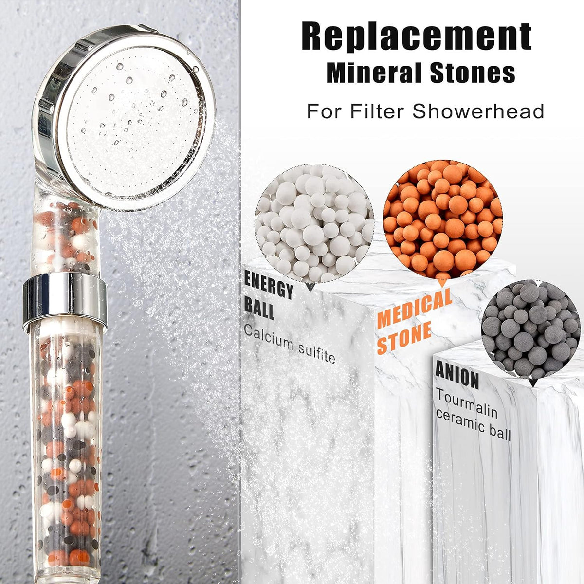 Replacement Shower Filter Beads Anion Mineral Balls Purifying Stones for Purifying Water Filter Shower Head 3 Kinds (6 Packs,Diameter 7-8 Mm)