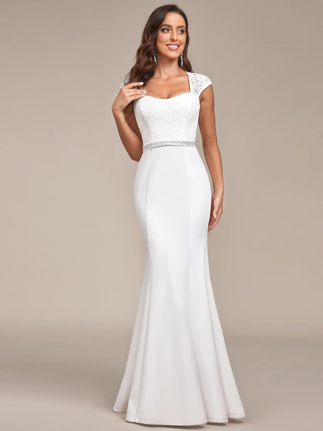 Ever-Pretty Women'S Elegant Lace Cap Sleeve V Neck Beading Mermaid Wedding Dresses for Bride 00218