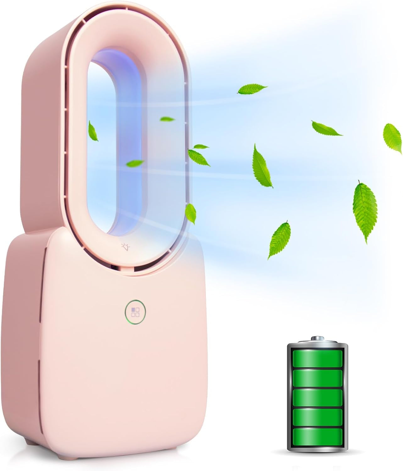 CONBOLA Small Tower Fan, 11.8 Inch Personal Portable Fan Rechargeable, USB Quiet Bladeless Desk Fan with 3 Speeds, Battery Operated Fan with Decorative LED for Office Bedroom Outdoor Table Home(Pink)