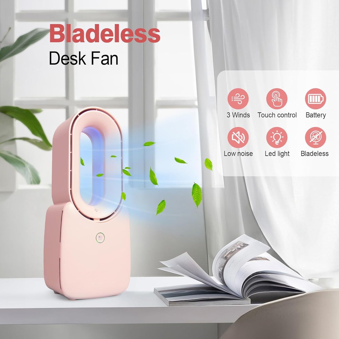 CONBOLA Small Tower Fan, 11.8 Inch Personal Portable Fan Rechargeable, USB Quiet Bladeless Desk Fan with 3 Speeds, Battery Operated Fan with Decorative LED for Office Bedroom Outdoor Table Home(Pink)