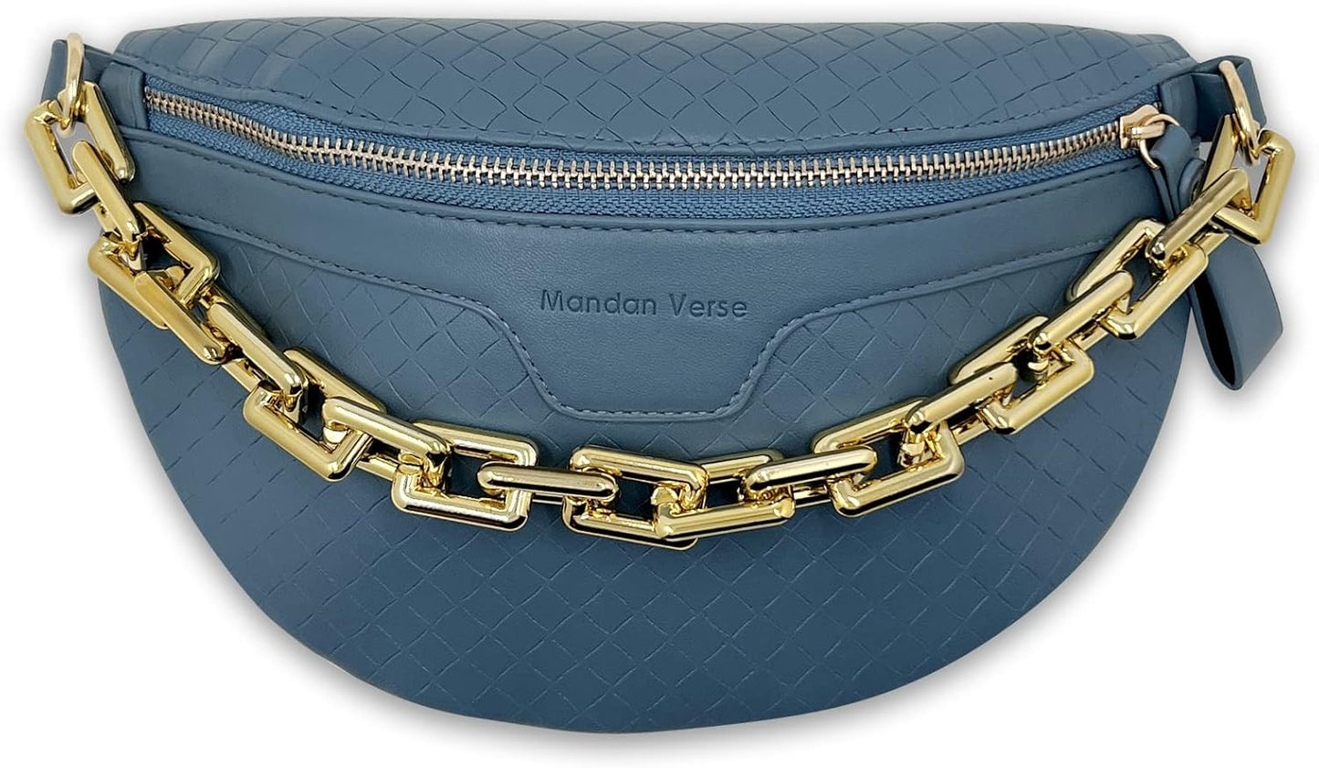 Thick Chain Women'S Fanny Pack Plaid Leather Waist Bag Shoulder Crossbody Chest Bags Luxury Designer Handbags Female Belt Bag (Black)