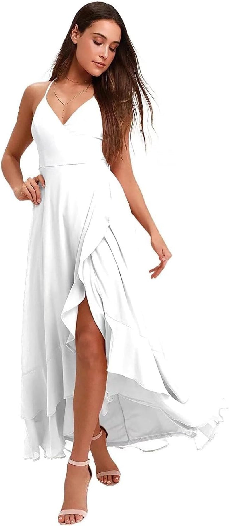 Spaghetti Strap Chiffon Bridesmaid Dresses Long for Women V Neck Slit High Low Formal Maxi Gown