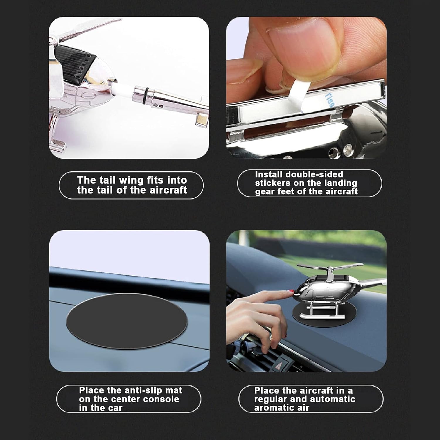 Helicopter Solar Car Air Freshener Rotation Zinc Alloy Car Perfume Diffuser Ornament for Vehicles with 3-Fragrance Tablets Silver