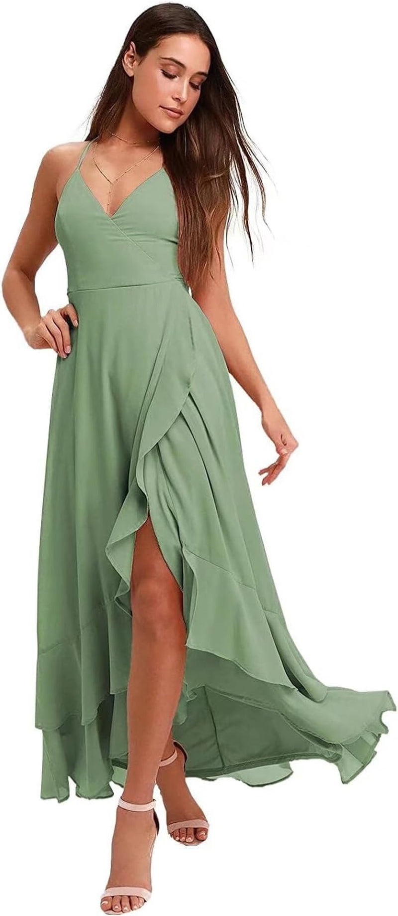 Spaghetti Strap Chiffon Bridesmaid Dresses Long for Women V Neck Slit High Low Formal Maxi Gown