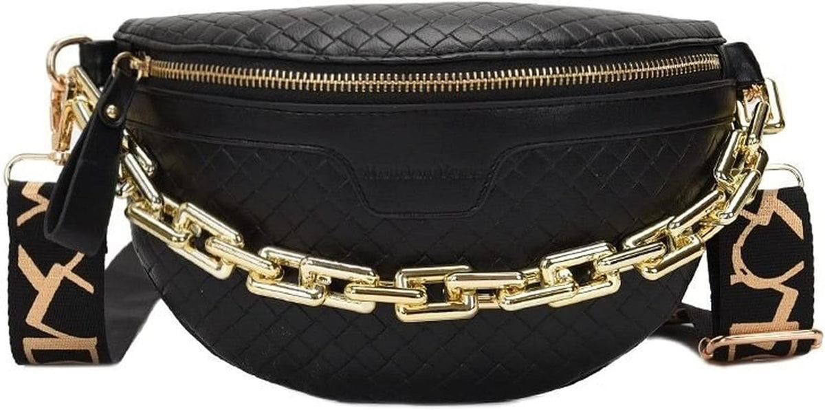 Thick Chain Women'S Fanny Pack Plaid Leather Waist Bag Shoulder Crossbody Chest Bags Luxury Designer Handbags Female Belt Bag (Black)