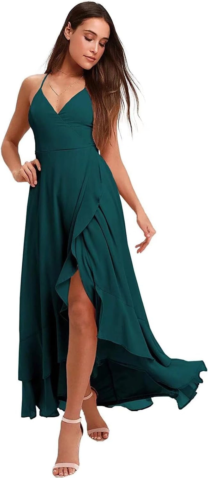 Spaghetti Strap Chiffon Bridesmaid Dresses Long for Women V Neck Slit High Low Formal Maxi Gown