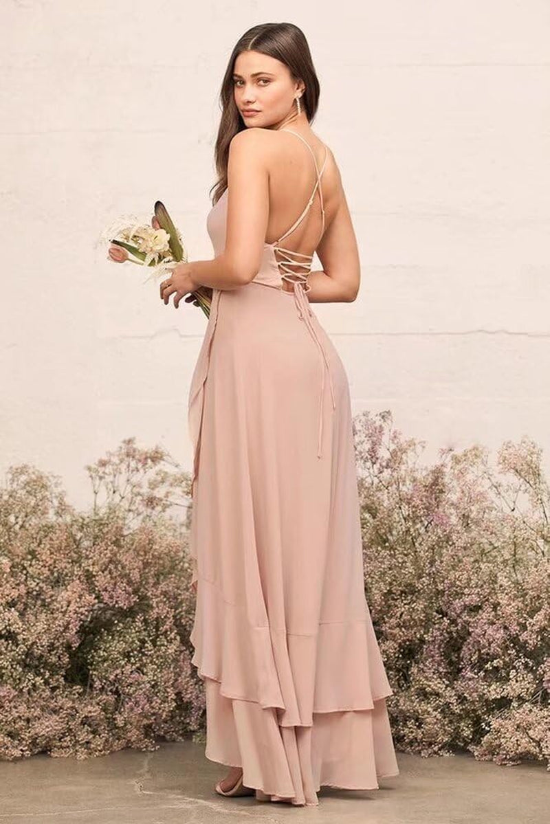 Spaghetti Strap Chiffon Bridesmaid Dresses Long for Women V Neck Slit High Low Formal Maxi Gown