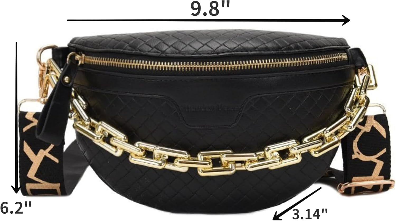 Thick Chain Women'S Fanny Pack Plaid Leather Waist Bag Shoulder Crossbody Chest Bags Luxury Designer Handbags Female Belt Bag (Black)