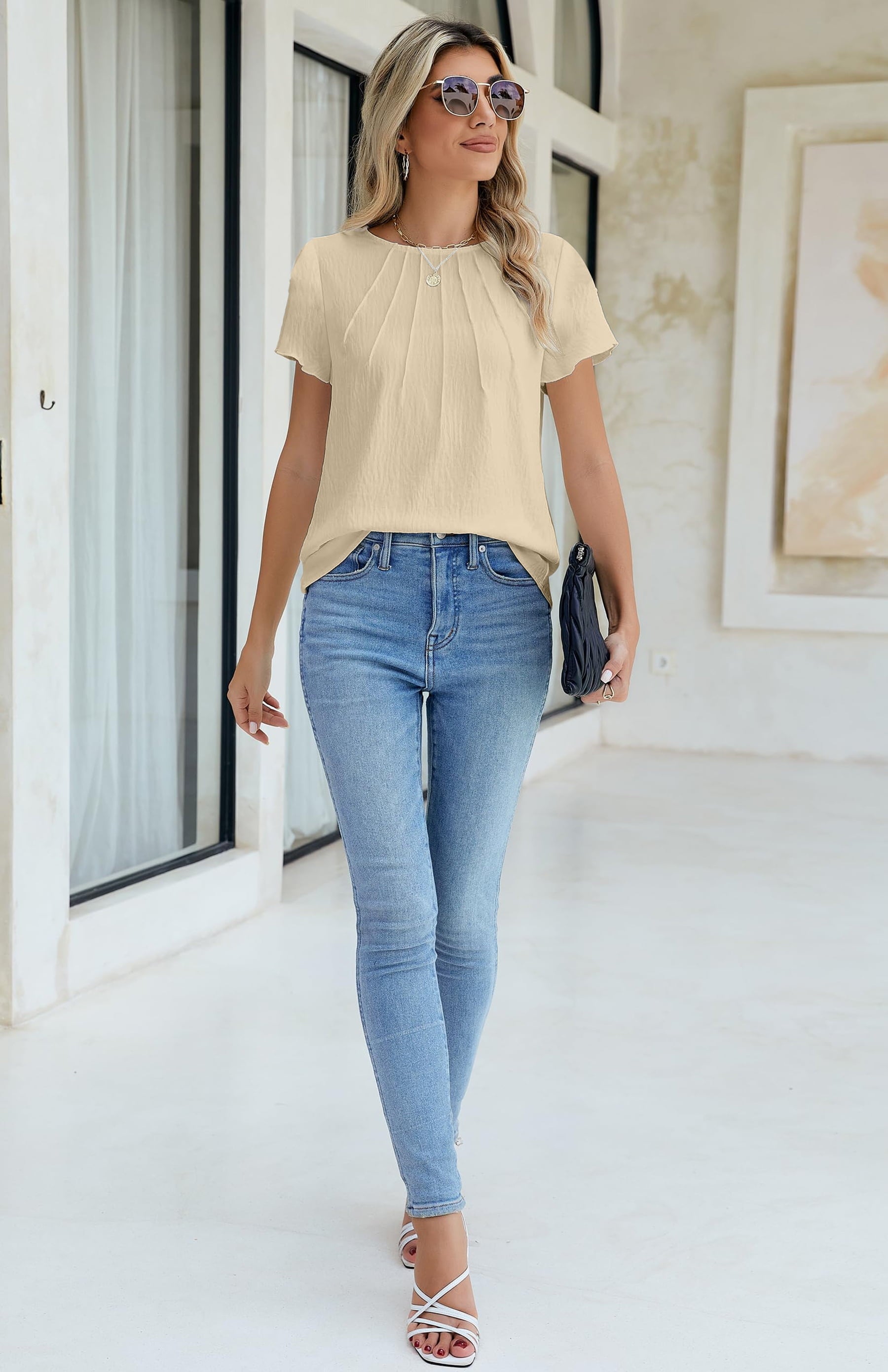 Pleated  Tops Business Work Shirts Ruffle Sleeve Crew Neck Summer Outfits
