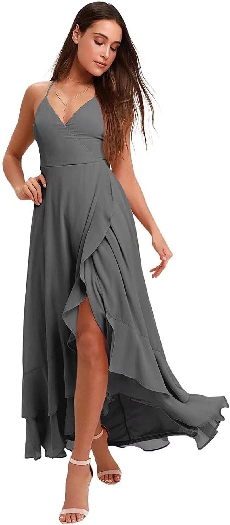 Spaghetti Strap Chiffon Bridesmaid Dresses Long for Women V Neck Slit High Low Formal Maxi Gown