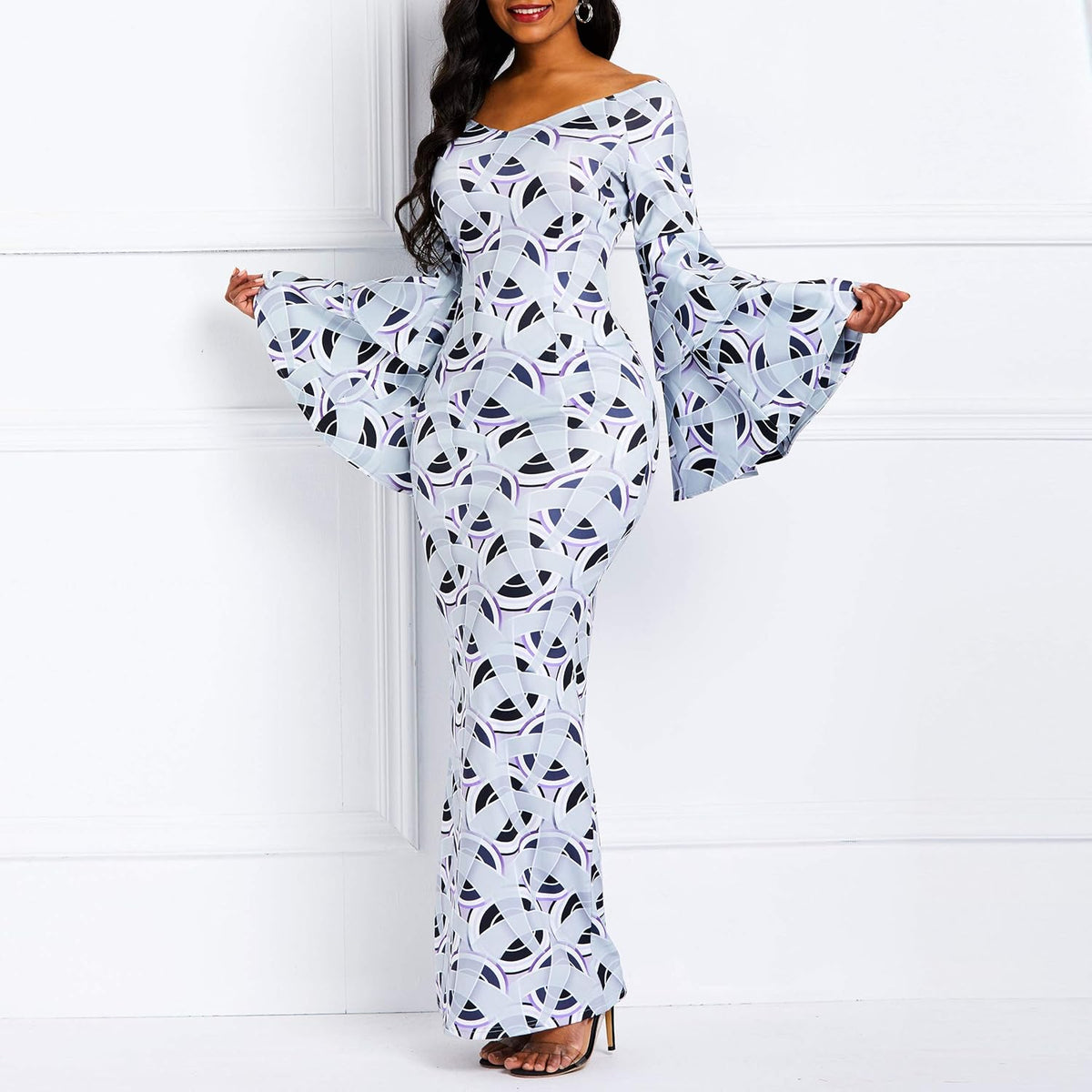 Bodycon Dress for Women Ruffle Long Sleeve Print Maxi Dress Wrap Party Dress Long Dress