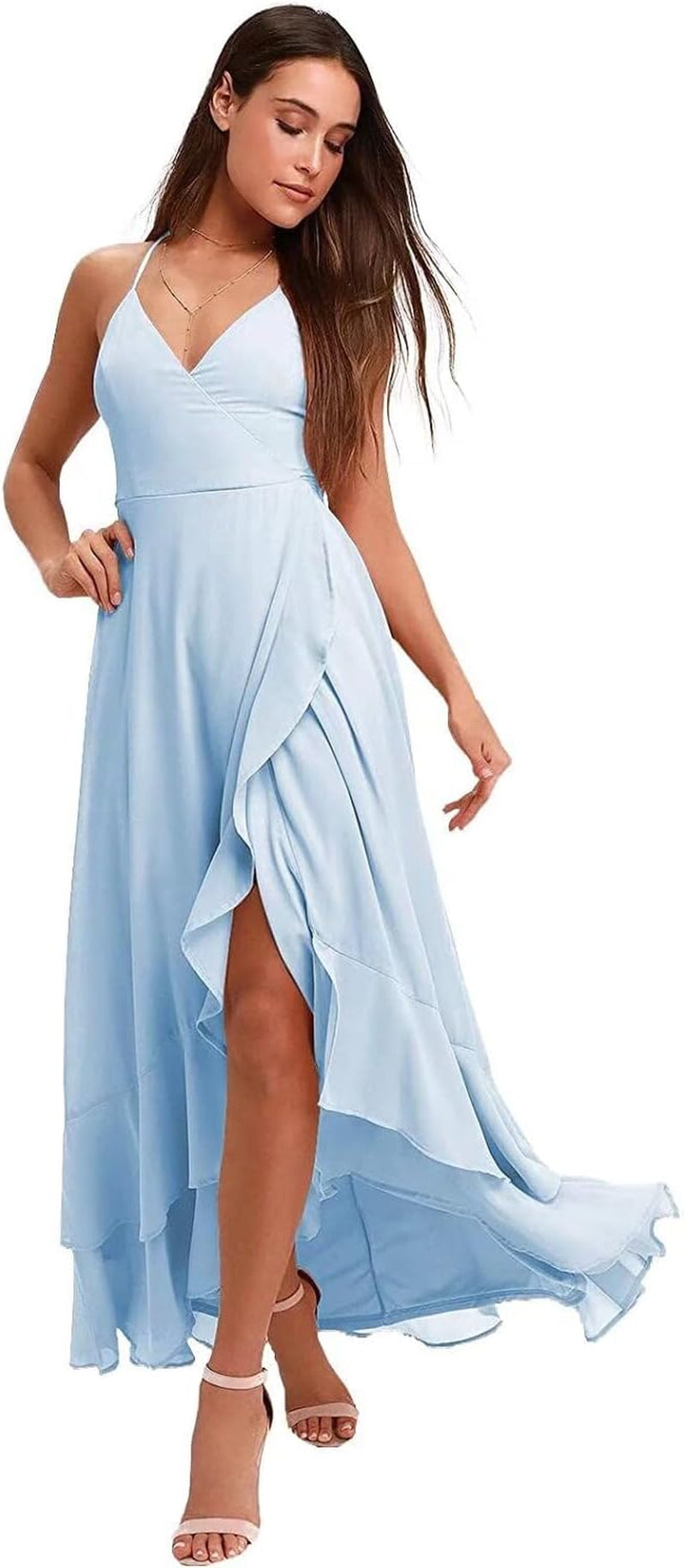 Spaghetti Strap Chiffon Bridesmaid Dresses Long for Women V Neck Slit High Low Formal Maxi Gown