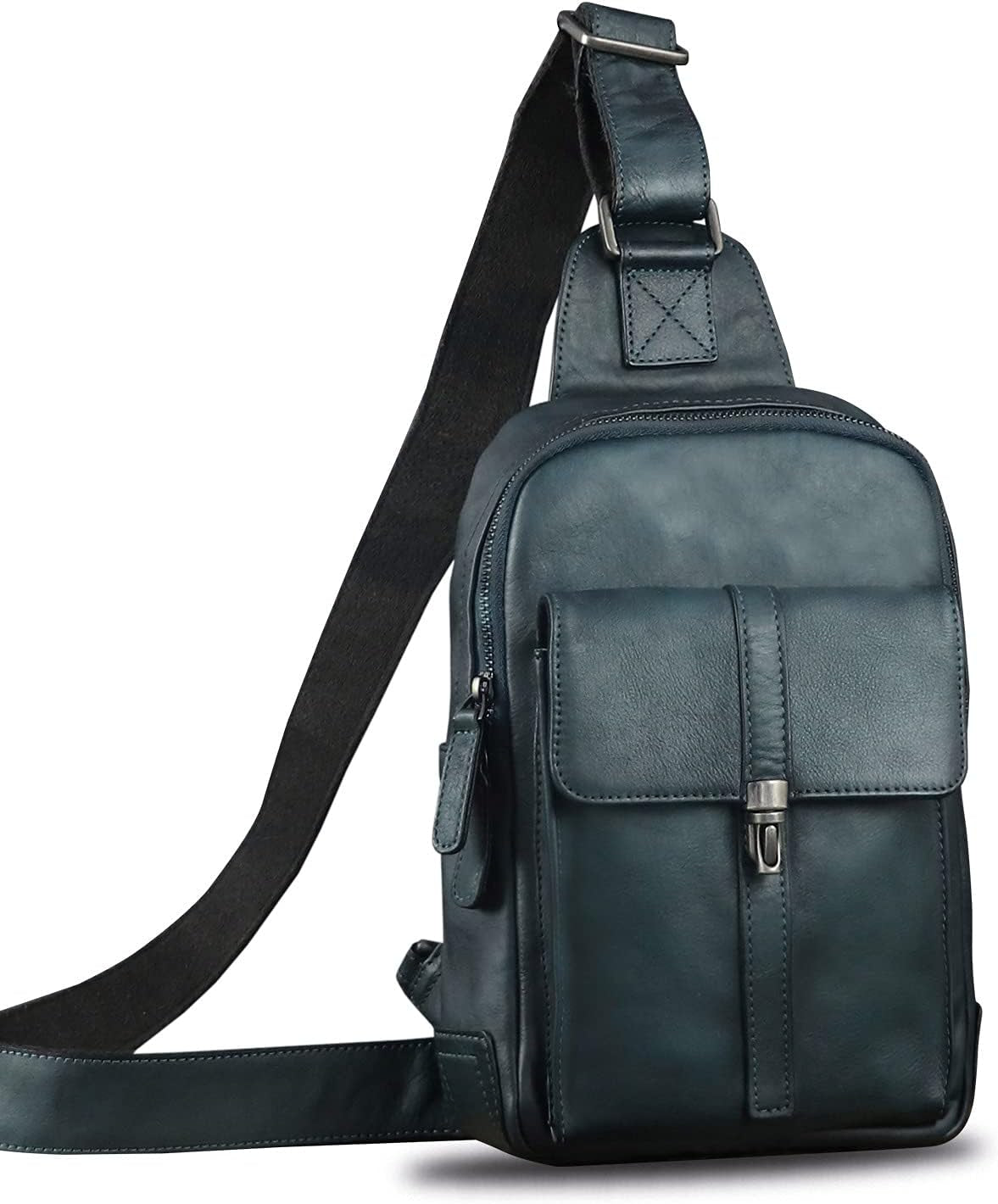 IVTG Genuine Leather Sling Bag Casual Shoulder Hiking Backpack Vintage Handmade Crossbody Bag Retro Chest Daypack (Navyblue)