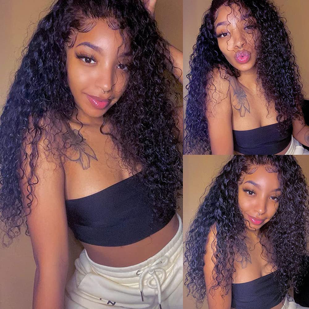 28 Inch Glueless Curly Wave Human Hair Lace Front Wig Pre Plucked Brazilian Curly 4X4 Lace Closure Wigs with Baby Hair 9A Glueless Wet and Wavy Lace Front Wigs 150% Density Virgin Hair Lace Wigs