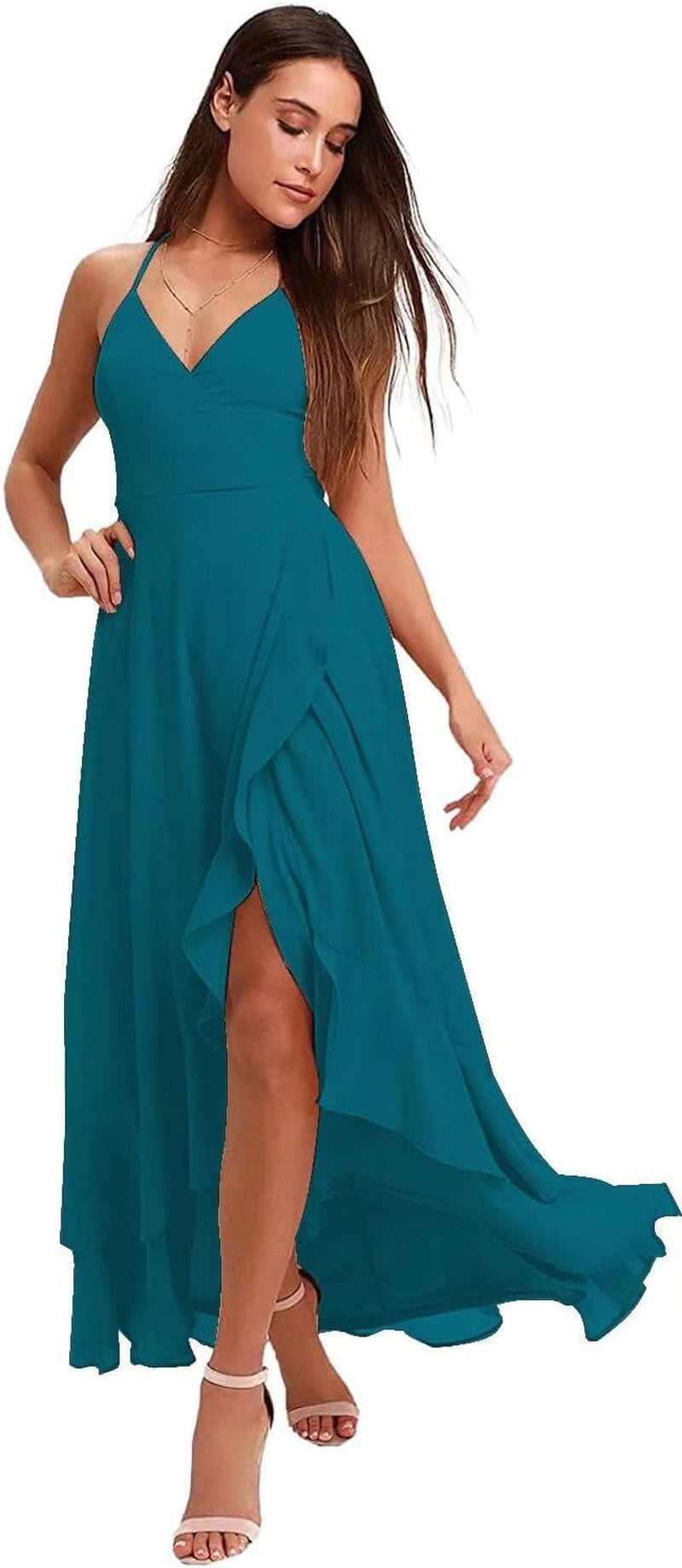 Spaghetti Strap Chiffon Bridesmaid Dresses Long for Women V Neck Slit High Low Formal Maxi Gown