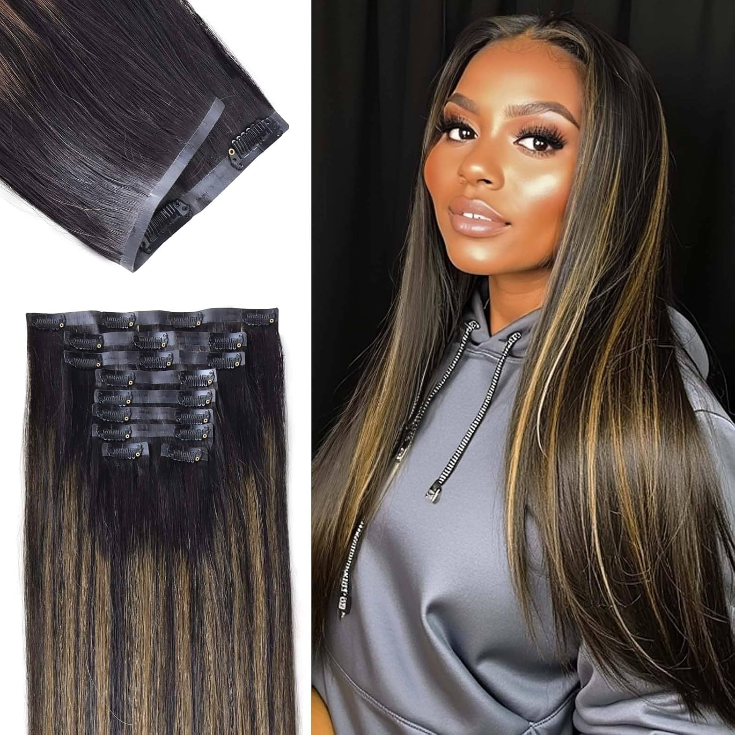 Seamless Clip in Hair Extensions - Human Hair Kinky Curly, 14 Inch 110G Natural Black, Ultra-Thin 0.8Mm PU Weft Real Human Hair Clip Ins